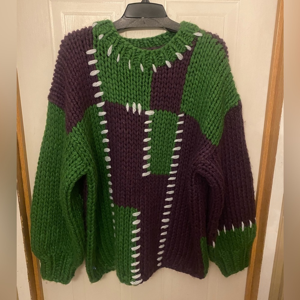 POL Chunky Colorblock Green & Plum Knit Sweater - Picture 2 of 10